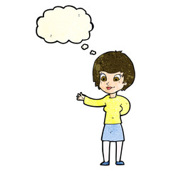 cartoon welcoming woman with thought bubble