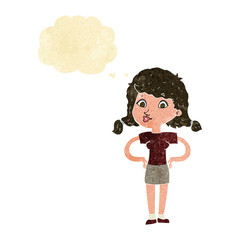 cartoon pretty girl with hands on hips with thought bubble