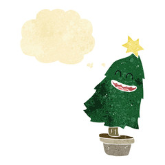 cartoon dancing christmas tree with thought bubble