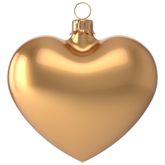 Christmas ball heart New Year's Eve bauble love decoration golden blank adornment. Merry Xmas traditional wintertime holidays ornament romantic. 3d render isolated on white background