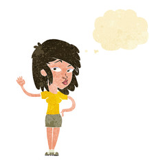 cartoon pretty woman waving with thought bubble