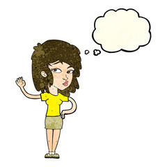 cartoon pretty woman waving with thought bubble
