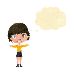 cartoon happy woman pointing with thought bubble