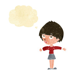 cartoon woman with open arms with thought bubble