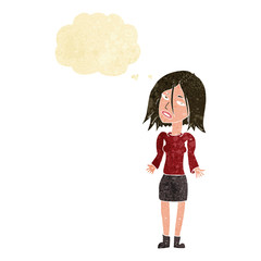 cartoon woman shrugging shoulders with thought bubble
