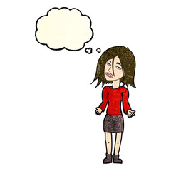 cartoon woman shrugging shoulders with thought bubble