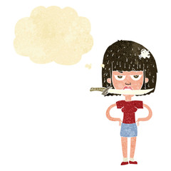 cartoon woman with knife between teeth with thought bubble