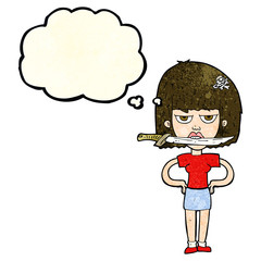cartoon woman with knife between teeth with thought bubble