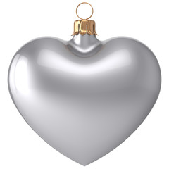 Obraz premium Christmas ball heart New Year's Eve bauble love decoration white blank adornment. Merry Xmas traditional wintertime holidays ornament romantic. 3d render isolated on white background