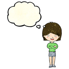 cartoon happy woman with thought bubble