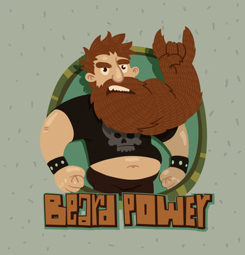 Vector cartoon image of green labels with a man in a black shirt and black pants with a long brown beard, beard showing rocker gesture "goat" on a gray spotted background. Beard - the power.
