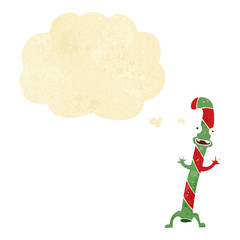 cartoon dancing christmas candy cane with thought bubble