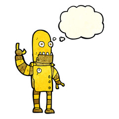 Obraz na płótnie Canvas cartoon waving gold robot with thought bubble