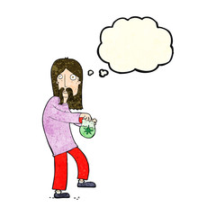 cartoon hippie man with bag of weed with thought bubble