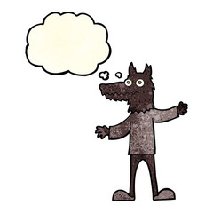 cartoon wolf man with thought bubble