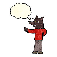 cartoon wolf man pointing with thought bubble