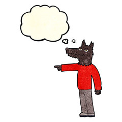 cartoon wolf man pointing with thought bubble