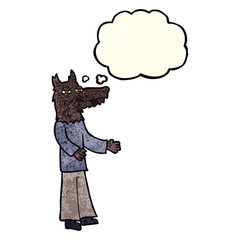 cartoon wolf man with thought bubble