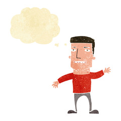 cartoon waving stressed man with thought bubble