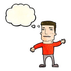 cartoon waving stressed man with thought bubble