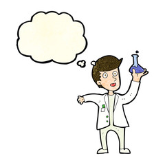 cartoon happy scientist with thought bubble