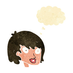 cartoon happy female face with thought bubble