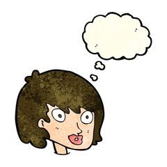 cartoon happy female face with thought bubble