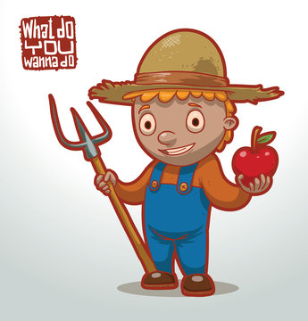 Vector cartoon image of a child in a straw hat, orange shirt and blue overalls with red apple and pitchfork on a light background. In the theme of "What do you want to do when you grow up?".