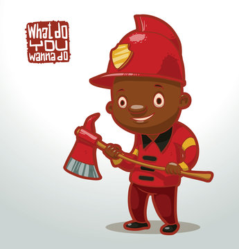 Vector cartoon image of a child in a red fire helmet and uniform with an ax in his hands on a light background. In the theme of "What do you want to do when you grow up?".