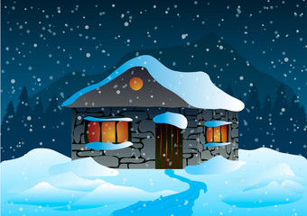 Vector illustration. House in the snow and the mountains at night.