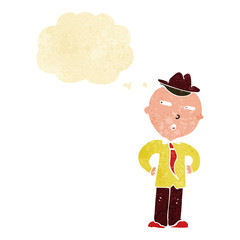 cartoon man wearing hat with thought bubble
