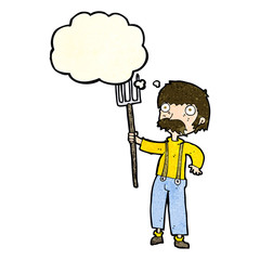 cartoon farmer with pitchfork with thought bubble