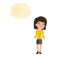 cartoon woman shrugging shoulders with thought bubble