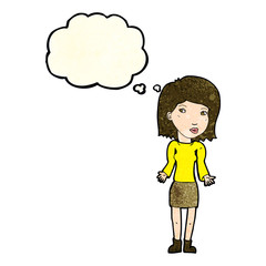 cartoon woman shrugging shoulders with thought bubble