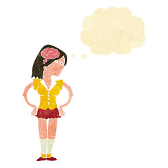 cartoon intelligent woman with thought bubble