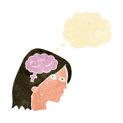 cartoon female head with brain symbol with thought bubble