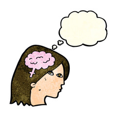 cartoon female head with brain symbol with thought bubble