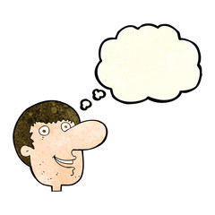 cartoon happy male face with thought bubble