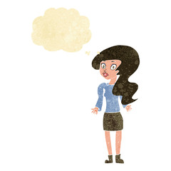 cartoon woman shrugging shoulders with thought bubble