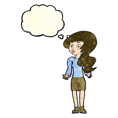 cartoon woman shrugging shoulders with thought bubble
