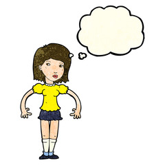cartoon woman looking sideways with thought bubble