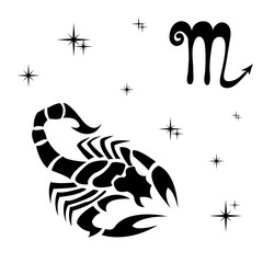 black silhouette of  Scorpio are on  white background.