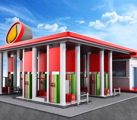 Gas station painted with red and white colors