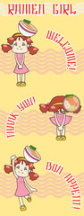 Fototapeta premium Noodle Cartoon waitress girl in welcome and thank you expression action for customer in Japan ramen noodle food restaurant, create by vector