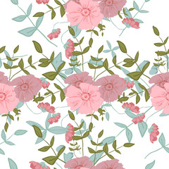 Abstract floral composition with large and small pink, blue and yellow colors 