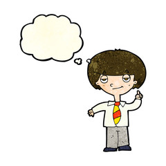 cartoon school boy answering question with thought bubble