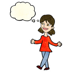 cartoon woman with no worries with thought bubble