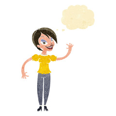 cartoon woman waving with thought bubble