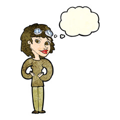 cartoon aviator woman with thought bubble