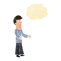 cartoon man shrugging shoulders with thought bubble